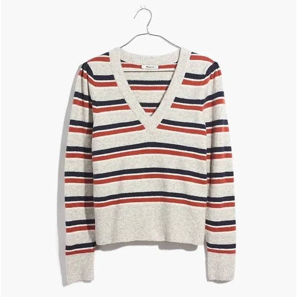 Madewell Wool Blend Marled Gray Striped Cropped V-Neck Sweater - Picture 5 of 16